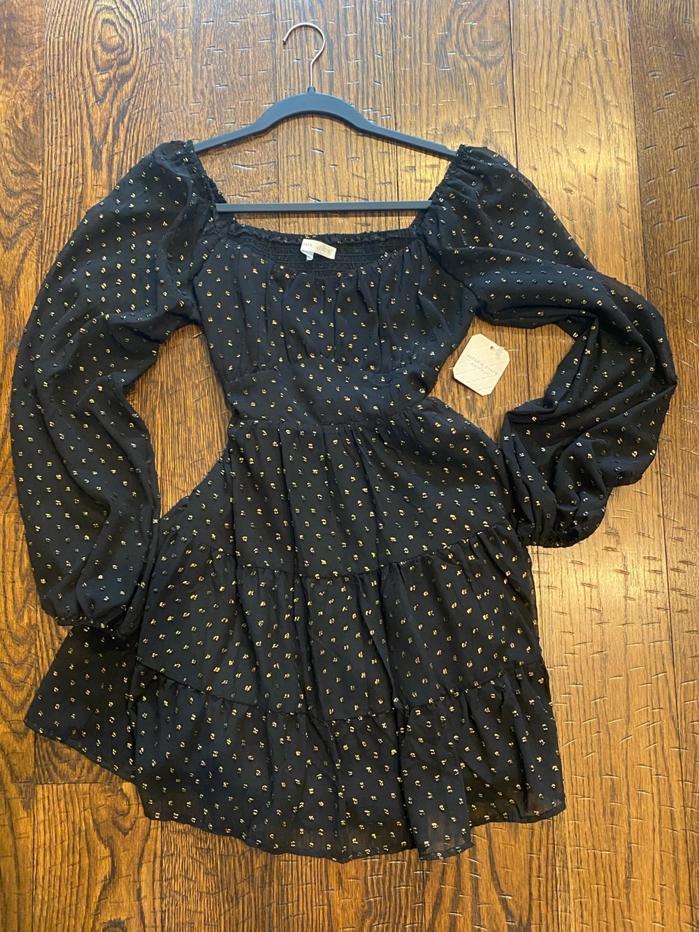 Altard STATE Black Long-Sleeve Tiered Dress with Gold Dot Accents